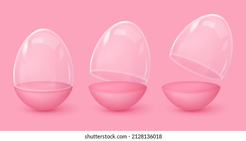 Opened glossy pink eggs, boxes, cases with stand, bottom half, glass dome and label, sticker. Happy Easter poster. Vector illustration for party, design, flyer, banner, web, advertising.