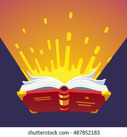 Opened glowing magical book of sacred wizard secret spells. Modern flat style vector illustration.