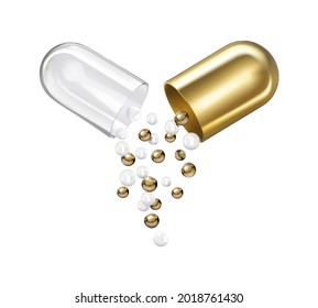 Opened gold capsule with transparent half and falling balls. Vector illustration