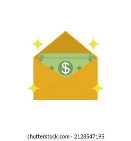 Opened gold envelope with money and shining stars. Paper dollar bills. Vector illustration.