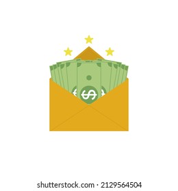 Opened gold envelope with money and shining stars. Paper dollar bills. Vector illustration.