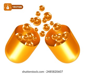 Opened golden capsule pill, Small golden balls fly out from it. Health supplement, vitamin complex, treatment. Medical or cosmetic beauty product concept. 3d realistic vector illustration