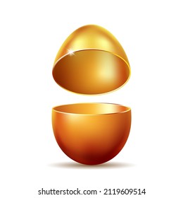Opened golden easter egg on white background. Colored egg. Cracked golden shell. Happy easter concept. Vector illustration isolated on white background