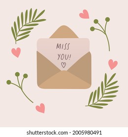 Opened Golden Rose Mail Envelope with Miss You quote Letter Romantic Vector Illustration with Hearths and Flowers in the Rose Background 