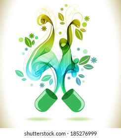 Opened green color pill with abstract wave, natural background, VECTOR