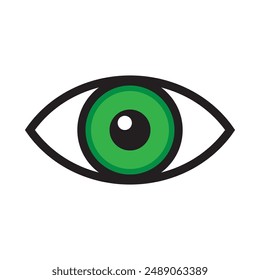 Opened green eye icon sign isolated on white background. Look, see, sight, view sign and symbol. Vector linear graphic element. Optical and search theme in minimal design style. Eye pupil with glare.