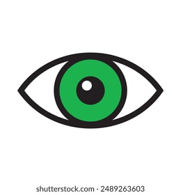 Opened green eye icon sign isolated on white background. Look, see, sight, view sign and symbol. Vector linear graphic element. Optical and search theme in minimal design style. Eye pupil with glare.