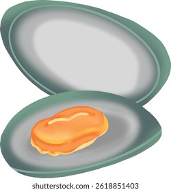 Opened green oyster with orange oyster meat on transparent background.