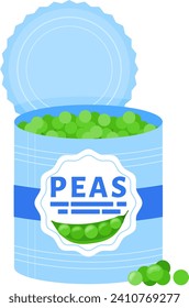 Opened green peas can with label showing. Canned food vector illustration. Grocery shopping and healthy eating concept.