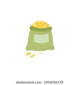 Opened green sack full of grain - symbol of canvas bag filled with bulk materials and wheat ears isolated on white background, farming stuff in vector illustration.