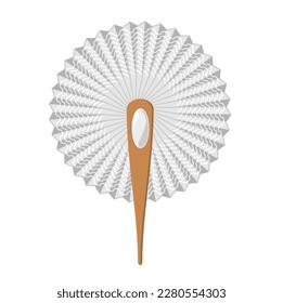 Opened hand fan white and wooden in vector. Folding round Asian white fan icon. Vintage woman paper fans isolated