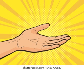 Opened Hand, Retro Comic Style. Cartoon Vector Illustration