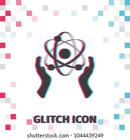 Opened hands holding atom sign  glitch effect vector icon.