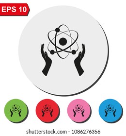 Opened hands holding atom sign flat round colorful vector icon.