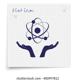 Opened hands holding atom sign.