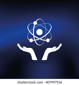 Opened hands holding atom sign.
