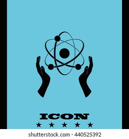 Opened hands holding atom sign.