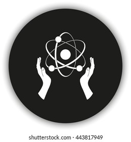 Opened hands holding atom sign.