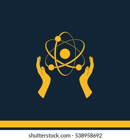 Opened hands holding atom sign.
