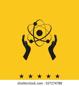 Opened hands holding atom sign.