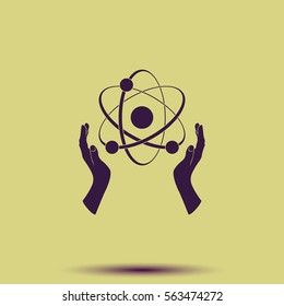 Opened hands holding atom sign.