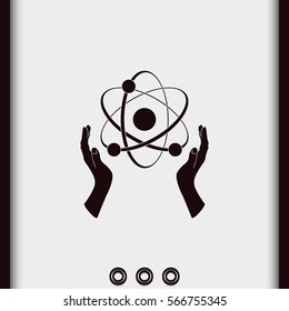 Opened hands holding atom sign.