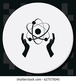 Opened hands holding atom sign.