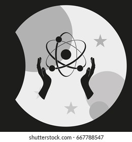 Opened hands holding atom sign.