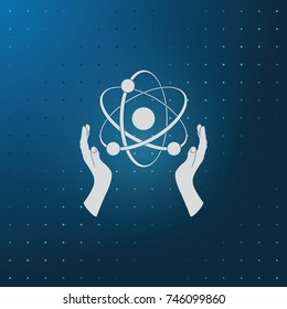 Opened hands holding atom sign.