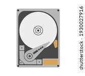 Opened hard disk driver on white background. Close up of HDD internal circuit in simple flat style. Vector illustration for technical design, computer repair, data recording and search concept
