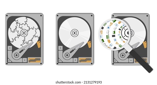 Opened Hard Drive Set With Working Disk, Broken Disc And HDD Under The Magnifying Glass With Icons Of Recorded Content. Front View. Data Search Or Record Concept, Repair Services Vector Illustration.