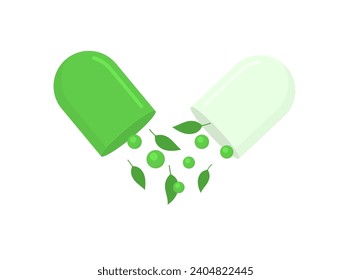 Ilustración vectorial de cápsulas verdes de hierbas abiertas. Concepto de terapia natural.