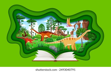 Opened history textbook with prehistoric dinosaurs and cartoon dino characters, vector paper cut. Jurassic park book for kids with prehistoric dinosaur lizards and birds in jungle forest papercut