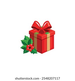 Opened Holly Berry Red Festive Gift Box. Vector Illustration Design on White Background