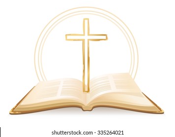 Opened Holy Bible with cross above it. Vector illustration