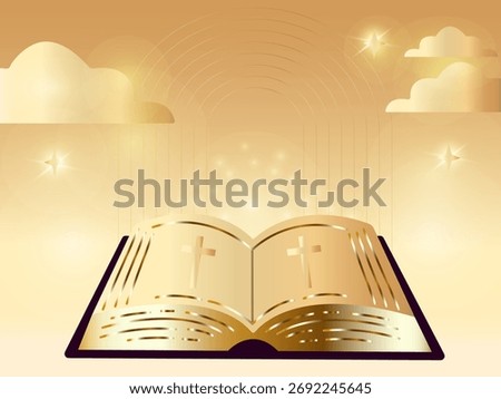 Opened Holy Bible on glowing golden background. Vector illustration