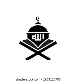 The opened holy scripture of islam with calligraphic and mosque dome ornament. Moslem icon and symbol.