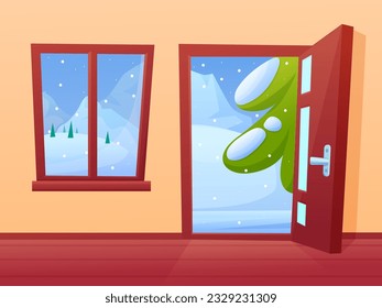 Opened home door on winter street. Xmas time, christmas holidays and snow outdoor nature. Cold weather, cozy house nowaday vector scene