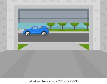 Opened home garage door. View from inside to the street. Indoor parking. Flat vector illustration template.