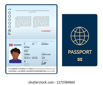 Opened International Passport Template With Blue Cover, Personal Data Page With Man Photo, Official Document, Vector Illustration