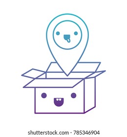 opened kawaii cardboard box with kawaii map pointer on top in degraded blue to purple color contour