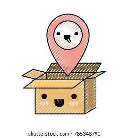 opened kawaii cardboard box with kawaii map pointer on top in colored crayon silhouette