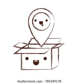opened kawaii cardboard box with kawaii map pointer on top in monochrome blurred silhouette