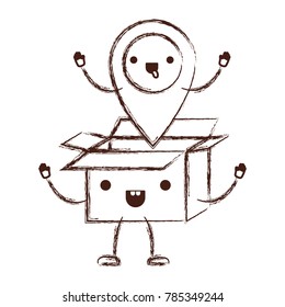 opened kawaii cardboard box with kawaii map pointer on top in monochrome blurred silhouette