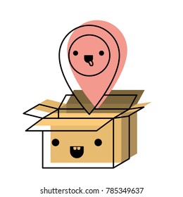 opened kawaii cardboard box with kawaii map pointer on top in watercolor silhouette