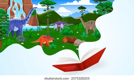 Opened kids book with prehistoric dinosaurs near waterfall landscape, vector poster. Cartoon Jurassic dinosaurs, reptiles and lizards with opened book for kids dino park, museum or encyclopedia atlas