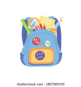 Opened kid's school backpack full of educational equipment. Back to school badges on bag. Student's items and stationery. Flat vector illustration cartoon colorful and fun style.