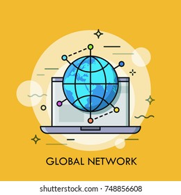 Opened laptop and globe surrounded by location marks. Concept of global networking, international cooperation. Modern vector illustration in flat style for web application, advertisement, website.