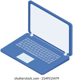 Portátil abierto aislado en blanco con pantalla en blanco. Computadora portátil para el trabajo y el estudio. Aparato electrónico moderno en la mesa. Equipo para el lugar de trabajo y el trabajo independiente. Portátil azul con teclado