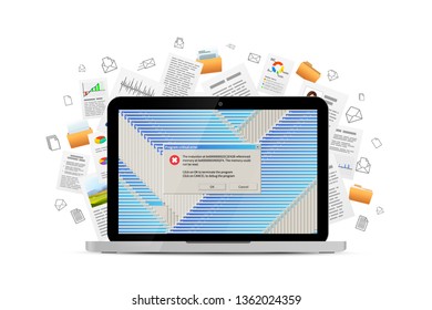 Opened laptop with lots of critical errors messages and many office documents flying away on background, concept illustration isolated on white